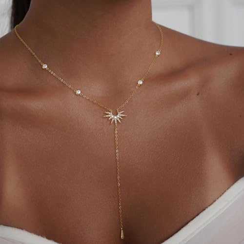 Lariat Gold Necklace for Women, Dainty Long Necklace 14k Gold Plated/Silver Y-Shaped Pendant Necklace Trendy Layered Cz Beaded Chain Drop Necklaces Simple Gold Jewelry for Women Gift - style: LC-1NK-24311-GDW