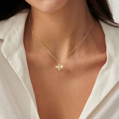 HANLI 14K Gold Plated Necklaces for Women - Dainty Butterfly, Star of David, Moon and Star, Sun, Lotus, Infinity, Hummingbird, Bee,Boots,Chill,Sunflower Pendant Designs - Elegant Jewelry for Women - color: Bee