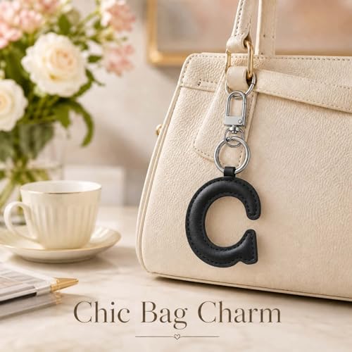 Initial Letter Keychain,Stainless Steel,Colorful Faux Leather Keyring for Backpack,Purse,Car Keys,Gift for Men Women - color: C