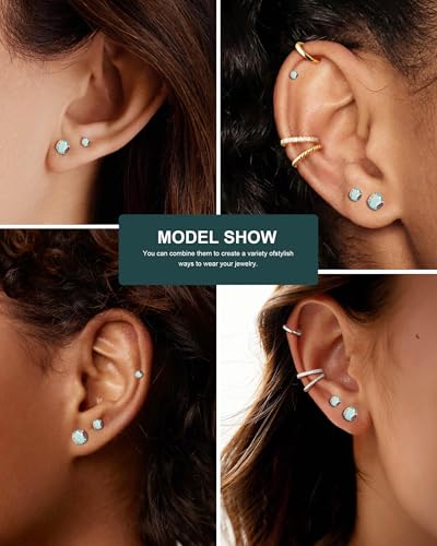 6 Pairs Surgical Steel Flat Back Earrings | CZ Stud Set | Hypoallergenic 316L Surgical Steel • Flat Back Threaded Studs for Cartilage, Helix & Lobe • 6 Mixed Sizes (3-8mm) - color: Flatback-Rainbow CZ