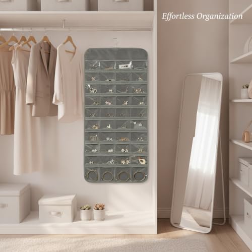 Hanging Jewelry Organizer, Vertical Closet Storage with Clear Pockets for Necklaces and Earrings, Polyester Roll-Up Bag (1 PC) - color: Gray