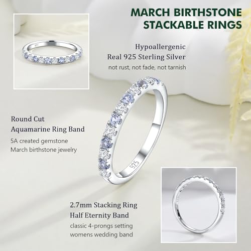 Birthstone Rings Eternity Band 925 Sterling Silver/Yellow Gold-Plated Created Gemstone Stackable Wedding Band 2.7mm Thin Half Eternity Rings for Women Size 6 to 10 - color: 03-Aquamarine-Mar.