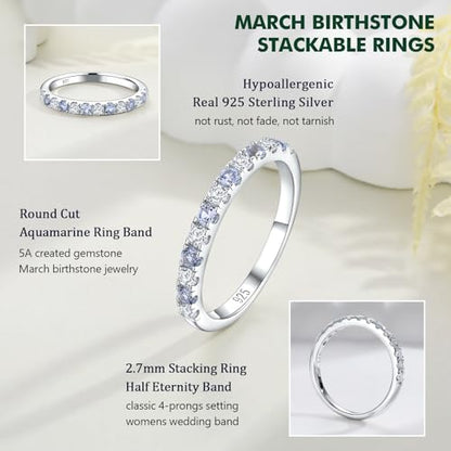 Birthstone Rings Eternity Band 925 Sterling Silver/Yellow Gold-Plated Created Gemstone Stackable Wedding Band 2.7mm Thin Half Eternity Rings for Women Size 6 to 10 - color: 03-Aquamarine-Mar.