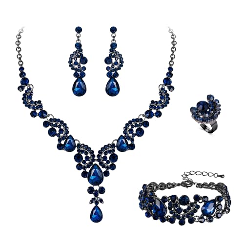EVER FAITH Rhinestone Crystal Bridal Floral Wave Teardrop Necklace Earrings Set - color: 4pcs_Blue Black-Tone