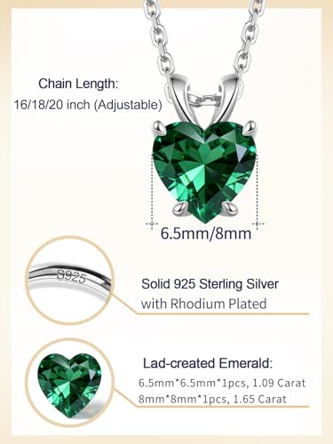 CYW Genuine Sapphire/Emerald/Ruby/Moissanite Necklace for Women, Really Authentic Solid 925 Sterling Silver, 16"/18"/20" Adjustable Chain, Anniversary Mother's Day Valentines Gift - color: Emerald - Heart - White Gold, size: 6.5mm