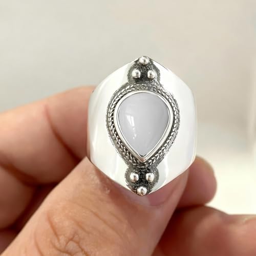 Natural Waterdrop Stone Wide Band Ring,Sterling Silver Genuine Teardrop Crystal Quartz Gemstone Statement Wide Chunky Full Finger Band Ring for Women - color: A03_White Agate