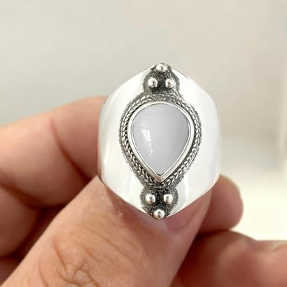 Natural Waterdrop Stone Wide Band Ring,Sterling Silver Genuine Teardrop Crystal Quartz Gemstone Statement Wide Chunky Full Finger Band Ring for Women - color: A03_White Agate