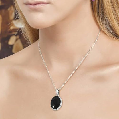 Chunky Natural Gemstone Pendant Necklace For Women Onyx, Turquoise, Amber, Garnet Oval Boho Genuine 925 Sterling Silver Handmade Jewelry - color: Black Onyx