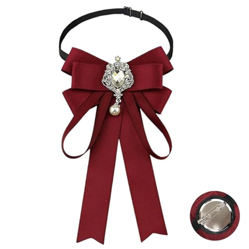 Fashion Ribbon Bow Tie Brooch Pins for Women Girls Crystal Pearl Uniform Pre-Tied Bowknot Corsage Party Ceremony Accessories - color: 117-Red