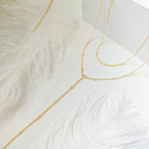 Luxval Lariat Gold Necklace for Women, Dainty Long Necklace 14k Gold Plated/Silver Y-Shaped Pendant Necklaces Trendy Beaded Chain Drop Necklaces Jewelry for Women Gifts - color: Gold-Y Satellite