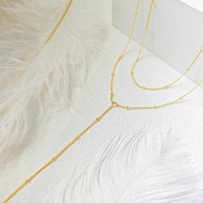 Luxval Lariat Gold Necklace for Women, Dainty Long Necklace 14k Gold Plated/Silver Y-Shaped Pendant Necklaces Trendy Beaded Chain Drop Necklaces Jewelry for Women Gifts - color: Gold-Y Satellite