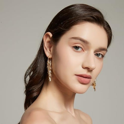 Sylph 14K 18K Gold Plated Chandelier Earrings for Women, Long Tassel Earring Huggie, Silver Leaf Dangle Drop Earrings, Dainty Bohemian Jewelry Gifts for Wedding Everyday Wear - color: A-18K Gold Plated Chandelier Earrings