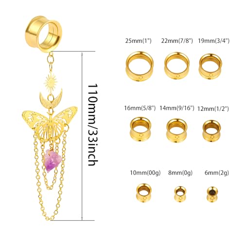 DOEARKO 2PCS New Butterfly-Pendant Hypoallergenic Stainless Steel Dangle Ear Plugs Tunnels Ear Gauges Stretcher Pair Selling 2g 0g Piercing Body Jewelry - color: Gold, size: 16mm
