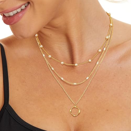 Evabelle Gold Layered Necklace for Women Trendy Jewelry 14K Real Gold Plated Chunky Chain Stackable Necklaces Dainty Choker Necklaces Rectangle Square Pendant - color: Gold Necklace 04