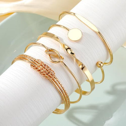 Rrdaily 14k Gold Plated Bangle Bracelet Set for Women,Silver Stackable Multi-Layer Circle Charm Bracelet,Trendy Simple Layered Non Tarnish Cuff Bracelet - color: Gold