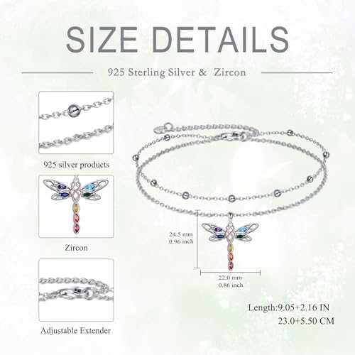 POPLYKE Frog/Pearl/Dragonfly/Ladybug/Highland Cow/Pearl/Moonstone Anklets Sterling Silver Double Layered Chain Beach Anklets for Women Foot Jewelry - style: Dragonfly Anklets-1