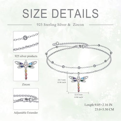 POPLYKE Frog/Pearl/Dragonfly/Ladybug/Highland Cow/Pearl/Moonstone Anklets Sterling Silver Double Layered Chain Beach Anklets for Women Foot Jewelry - style: Dragonfly Anklets-1