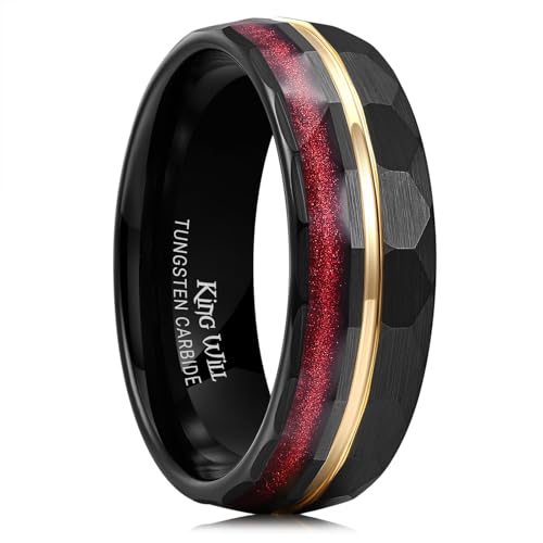 King Will Black Tungsten Rings for Men Hammer Wedding Band | Black, Grooved, Hammer Wedding Band Gold Groove, Sand Inlay, Everyday Wear - color: Black & Red Sand Inlay