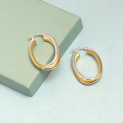 LeCalla 925 Sterling Silver Chunky Hoop Earrings | 14K Two-Tone Three-Tone Hoop Earrings | Intertwining Oval Shape Polished Twisted Hoop Earrings for Women - color: Chunky Two-Tone 35mm