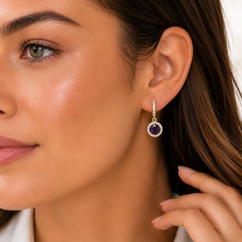 14K Gold Plated Hoop Dangle Earrings for Women, Hypoallergenic Colorful Cubic Zirconia Drop Earrings, Lightweight Huggie Earrings for Women - color: Gold/Amethyst Purple