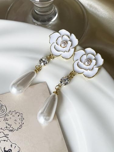 Gold Flower Dangle Earrings for Women Elegant Floral Drop Statement Jewelry Long Tassel Earrings - color: C-silver pearl Flower Earrings