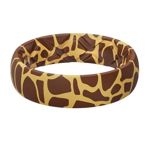 Egnaro Silicone Statement Ring Women, Floral Patterned Rubber Wedding Band | 5.2mm Wide 2mm Thick Printed Style, Inner Arch and Breathable X Grooves for Gym Workout Travel Work Pregnancy Daily Wear - color: SETZ1-Giraffe Spots