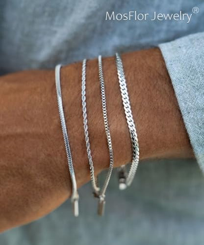 Mens Bracelet - Dainty Gold/Silver Chain Bracelet Stack 14K Gold Plated Silver Bracelets for Men Stainless Steel Adjustable Cross Charm Cuban Link Bracelet Snake Jewelry Set to Men Dad Birthday Day - color: Silver 4pcs, size: 8+2 Inch