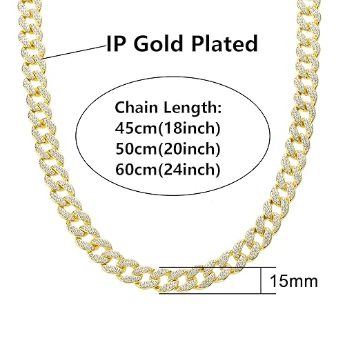 Saintda Iced Out Cuban Link Chain Necklace Bracelet Set for Men | 14mm Cuban Link Necklace Bracelet Jewelry Set Diamond Iced Out Mens Bling Thick Necklaces Chains - color: Gold-W:15MM-THK:3MM, size: 18inch
