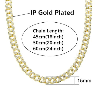 Saintda Iced Out Cuban Link Chain Necklace Bracelet Set for Men | 14mm Cuban Link Necklace Bracelet Jewelry Set Diamond Iced Out Mens Bling Thick Necklaces Chains - color: Gold-W:15MM-THK:3MM, size: 18inch