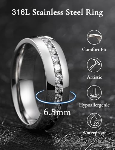 King Will 316L Stainless Steel Wedding Band for Men Cubic Zirconia Inlay | Silver-Tone, 6/7/8mm, Comfort Fit, Durable, Zirconia inlay, Promise Gift - color: Steel-White-6.5mm