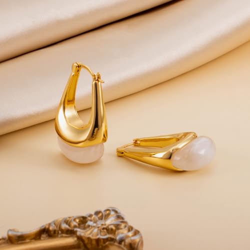LAXPICOL Gold Chunky Dangle Earrings For Women Resin Stone Earrings Hoop Earrings, 18k Plated Oval Resin Stone Statement Earrings for Women Unique Dangling Teardrop Baroque Huggies Hoop Earrings - color: white-Teardrop 1