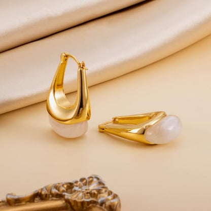 LAXPICOL Gold Chunky Dangle Earrings For Women Resin Stone Earrings Hoop Earrings, 18k Plated Oval Resin Stone Statement Earrings for Women Unique Dangling Teardrop Baroque Huggies Hoop Earrings - color: white-Teardrop 1