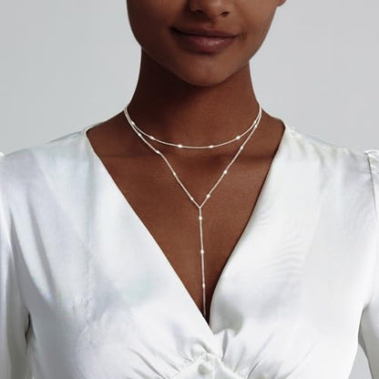 Luxval Lariat Gold Necklace for Women, Dainty Long Necklace 14k Gold Plated/Silver Y-Shaped Pendant Necklaces Trendy Beaded Chain Drop Necklaces Jewelry for Women Gifts - color: Silver-Y Layered Shinny Necklace