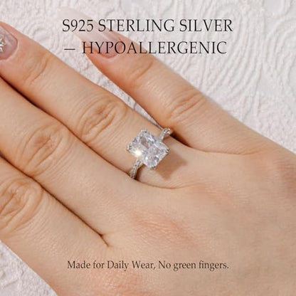 4CT Travel Engagement Ring, Radiant Cut 5A Cubic Zirconia Solitaire in Sterling Silver White Gold/14K Gold Plated Hypoallergenic Durable Comfort Fit, Perfect for Work Daily Wear Honeymoon - color: Silver
