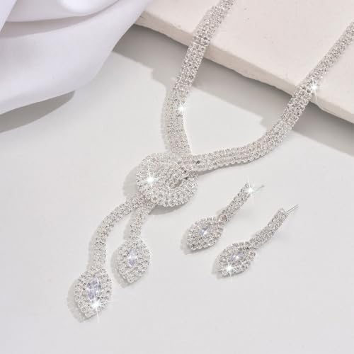 Unicra Silver Rhinestone Bridal Wedding Jewelry Set Crystal Necklace Earrings Sets Formal Prom Costume Jewelry Sets for Women and Brides - color: Silver