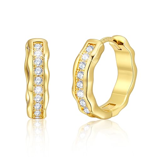 Silver Hoop Earrings, Small Chunky Silver Shiny Cubic Zirconia Twisted Hoop Earrings for Women Trendy Hypoallergenic Lightweight Thick Wave Huggie Earing Jewelry for Women Gifts in Box - color: 14K Gold