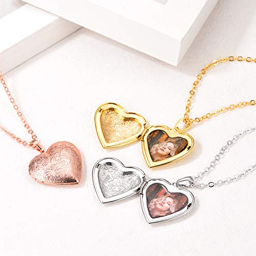 U7 Custom Photo Locket Necklace - Oval & Heart Shaped Locket - Gold/Silver/Rose Gold Personalized Image Necklaces for Women - color: 02-Rose Gold Flower Heart, style: a. locket only