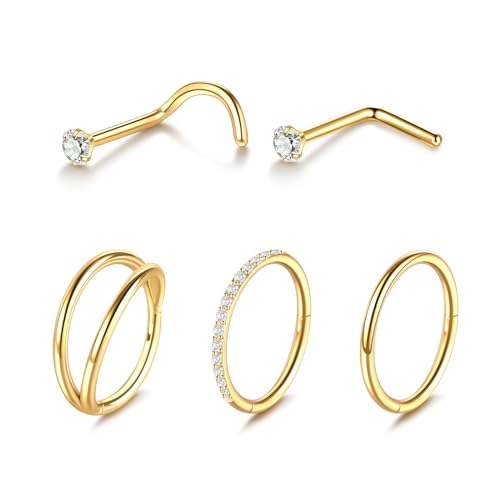 Xpircn 5pcs Hoop Nose Rings and L Shaped Nose Rings Stud Set 18G/20G Stainless Steel CZ Helix Conch Daith Tragus Cartilage Hoop Earrings for Women 6mm 7mm 8mm 10mm - color: Gold, size: 18G, 10mm hoop & 7mm studs