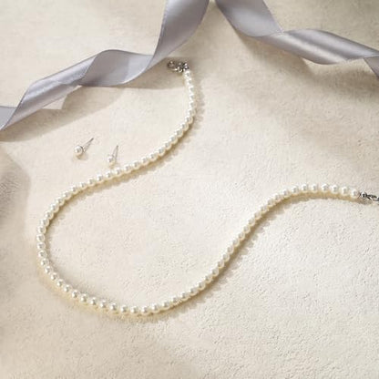 EVER FAITH Dainty Round Imitation Pearl Strand Necklace Stud Earrings Delicate Wedding Costume Prom Faux Pearls Jewelry for Women Bride - color: Cream Pearl, size: 6mm