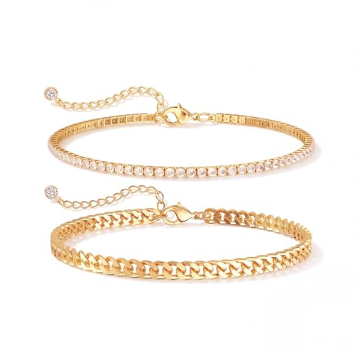 Robaice Adjustable Ankle Set for Women Waterproof, 14K Gold Plated | Layered Cuban, tennis, herringbone and clover chain styles, waterproof and non-tarnish for everyday wear or gifting - color: Mixed - Gold Cuban & Silver Tennis (2pcs)