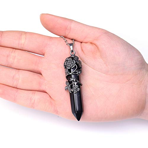 Top Plaza Flower Wrapped Natural Black Agate Crystal Necklace | Antique Silver Healing Crystal Gemstone Necklaces for Women Mothers Day Mom Gifts - color: Black Agate