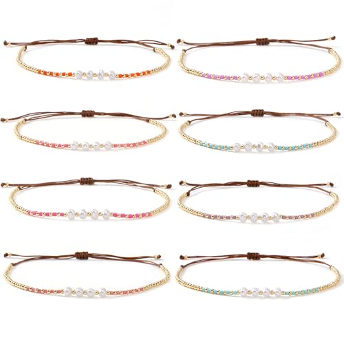 Colorful Stackable Rice Small Mini Seed Beaded Bracelets Set For Women, Handmade Dainty Boho Gold Glass Stretch Accessories Jewelry,Summer Beach Party Daily Friendship Gift - color: 8Pcs Pearl Adjustable