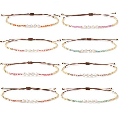Colorful Stackable Rice Small Mini Seed Beaded Bracelets Set For Women, Handmade Dainty Boho Gold Glass Stretch Accessories Jewelry,Summer Beach Party Daily Friendship Gift - color: 8Pcs Pearl Adjustable