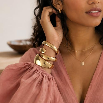 Chunky Gold Bangle Bracelets for Women Trendy 14K Gold Plated Cuff Bracelets Stack, Dainty Gold Bracelet Sets Non Tarnish Fashion Jewelry Gift - style: Gold-3pc-011