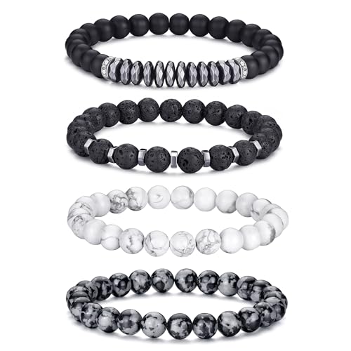 Mens Beaded Bracelets Set 8MM Tiger Eye Lava Stone Stretch Natural Stone Men's Bead Bracelet Mens Bracelet - color: 4,black,gray,white bracelet