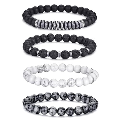 Mens Beaded Bracelets Set 8MM Tiger Eye Lava Stone Stretch Natural Stone Men's Bead Bracelet Mens Bracelet - color: 4,black,gray,white bracelet