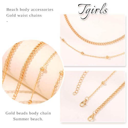 Tgirls Gold Waist Chain for Women Rhinestone Layered Belly Chains Beads Body Chain Heart-Shaped Beach Body Jewelry for Summer - style: 2 Layers