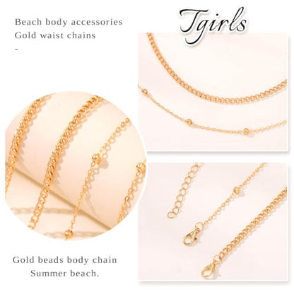Tgirls Gold Waist Chain for Women Rhinestone Layered Belly Chains Beads Body Chain Heart-Shaped Beach Body Jewelry for Summer - style: 2 Layers