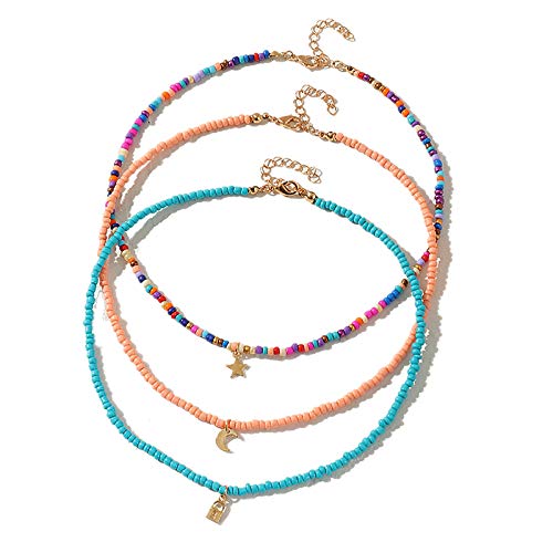 Handmade Multilayered Rainbow Colorful Beads Link Chain Moon Star Butterfly Pendant Choker Necklace Friendship Creative Beach Costume Jewelry for Women - color: Orange