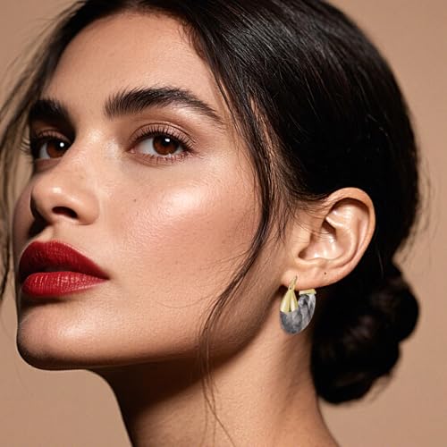 LAXPICOL Gold Chunky Dangle Earrings For Women Resin Stone Earrings Hoop Earrings, 18k Plated Oval Resin Stone Statement Earrings for Women Unique Dangling Teardrop Baroque Huggies Hoop Earrings - color: Black-Teardrop 2